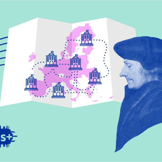 Billede af Erasmus Montanus og et kort over EU.