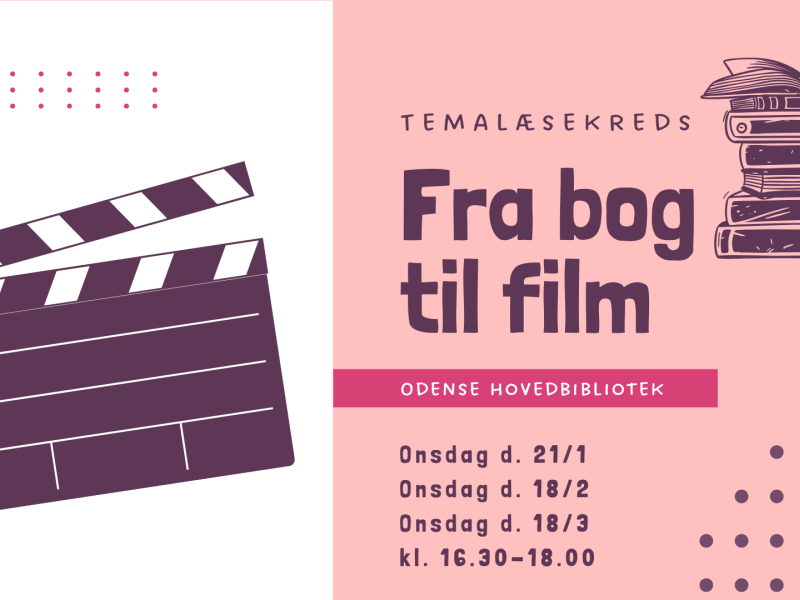 Billede af et klaptræ og en stak bøger med teksten "Fra bog til film"