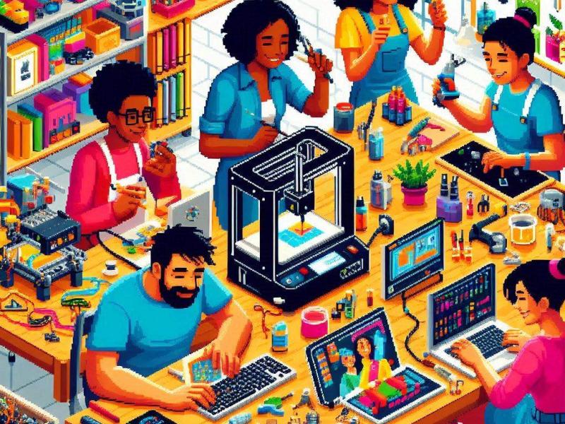 Folk arbejder med maskiner ved et bord.