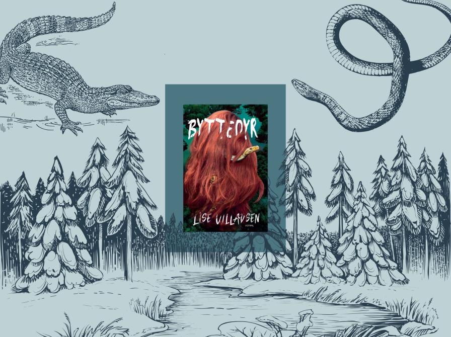 Forsidebillede fra "Byttedyr" af Lise Villadsen samt illustrationer af en skov, en alligator og en slange.